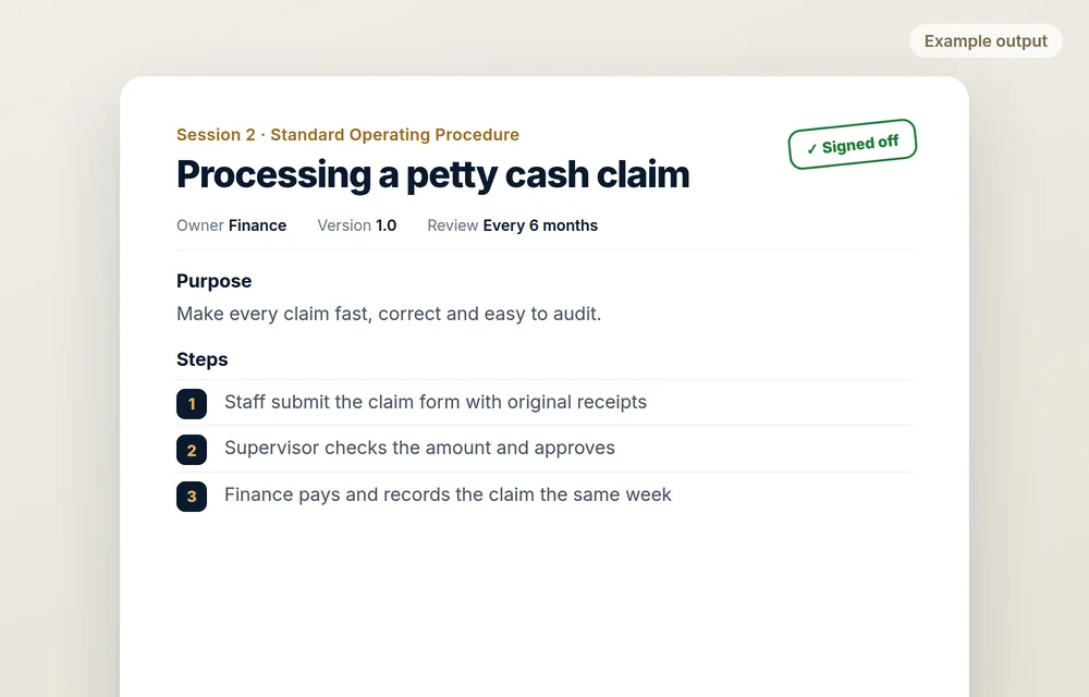 Example SOP for processing a petty cash claim, signed off