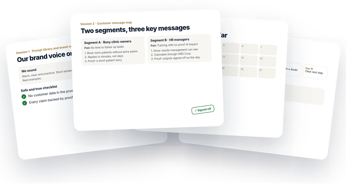 Example outputs from the day: a brand voice guide, a customer message map, a 30 day campaign plan and a follow up kit