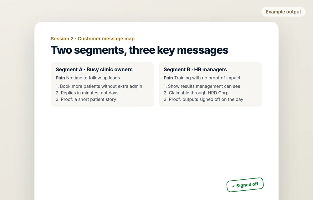 Example customer message map for two segments, signed off